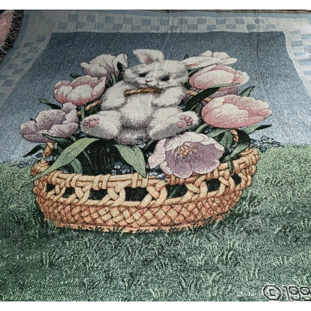 Vintage Woven Bunny Rabbit Tapestry Throw Blanket Fringe Easter Cottagecore